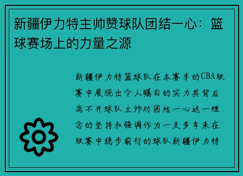新疆伊力特主帅赞球队团结一心：篮球赛场上的力量之源